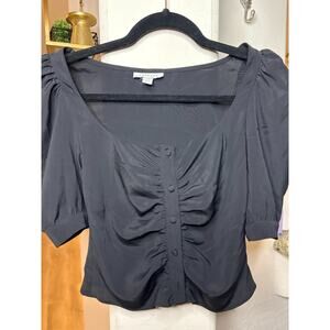 TOPSHOP Women's Black Puff Sleeve Ruched Button - Front Top Size 4
